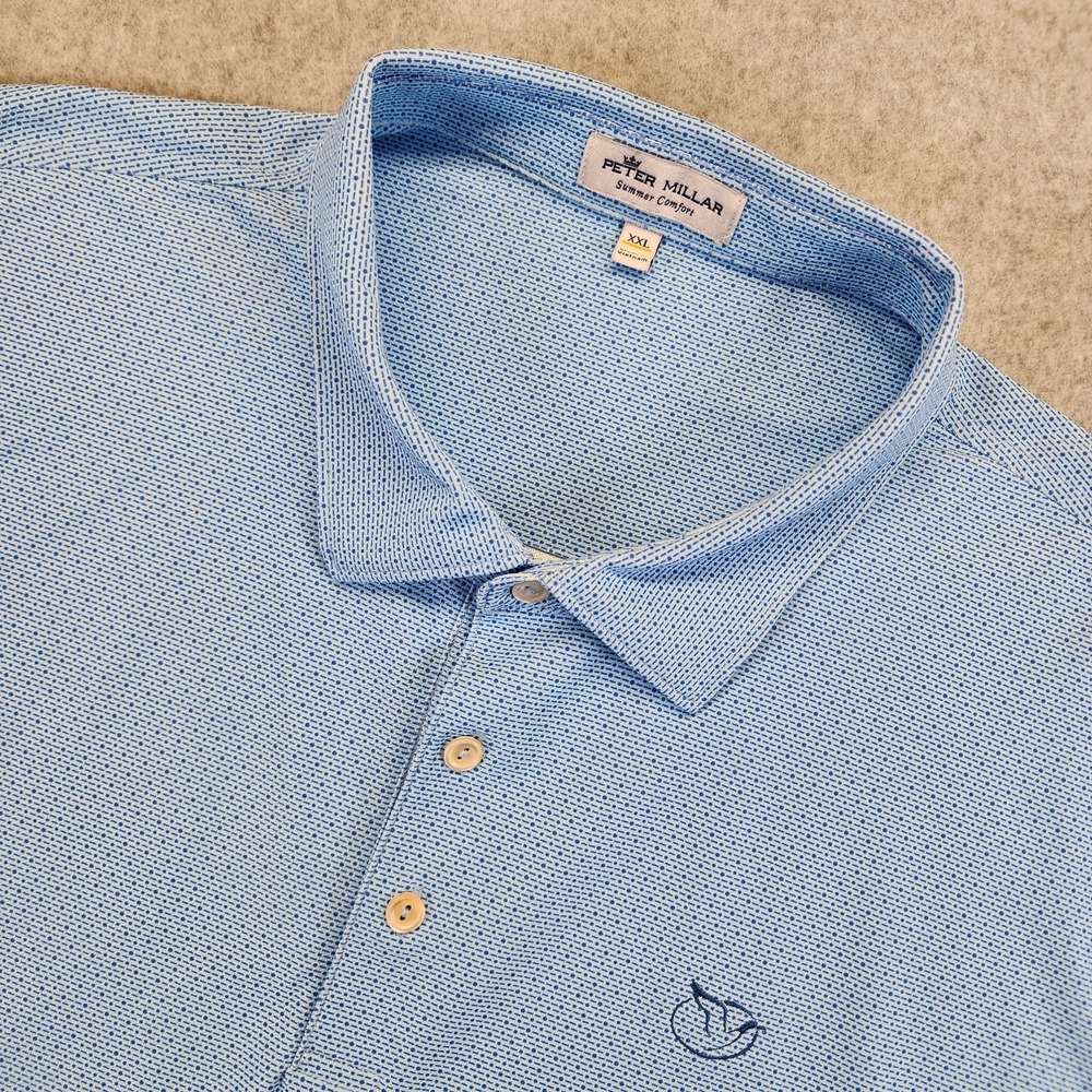 Peter Millar Summer Comfort Polo Men's XXL 2XL Blue All Over Print Dots Dashes‎